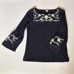 J. Crew Tunic‎ Womens Small Pullover Bell Sleeve White Floral Embroidery Navy